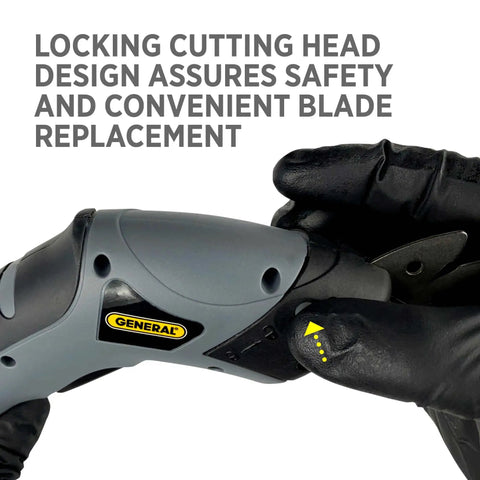 Close-up of Cordless Electric Craft Scissors with safety lock design, rechargeable battery, and two blades for DIY projects