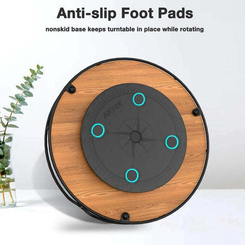 9 Inch Lazy Susan Turntable Organizer in Carbonized Black Pine Wood Finish, showing anti-slip pads and 360-degree spin feature.