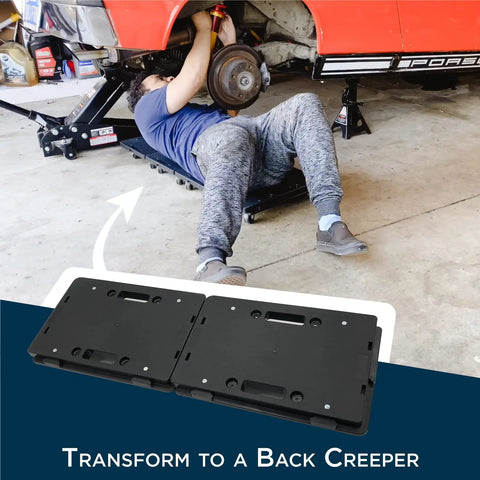 Rock Solid Heavy Duty Furniture Dollies With Wheels For Moving And Interlocking Rolling Movers That Transform Into A Stackable Creeper With 450 Pound Capacity For No Sweat Relocation in use under a car.