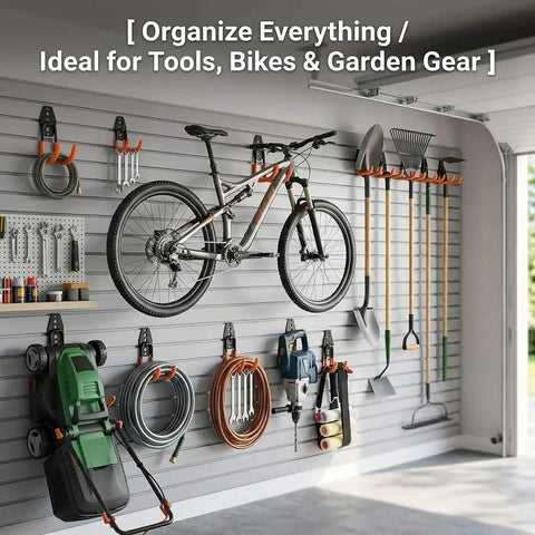 16 Pack Garage Hooks Set Durable Wall Mount Storage System with Heavy Duty Industrial Hangers for bikes, tools, ladders, mops and brooms, extension straps, 100 lbs capacity, orange installed in a garage.