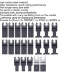 21-piece kit of wood oscillating multitool blades with size marks, high carbon steel, rust-resistant, compatible with various tools