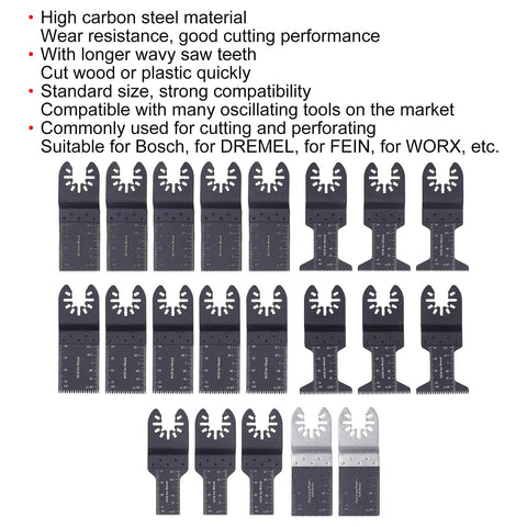 21-piece kit of wood oscillating multitool blades with size marks, high carbon steel, rust-resistant, compatible with various tools