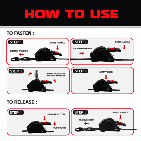 Instructions for use of Heavy Duty Retractable Ratchet Straps One Inch By Thirteen Foot Bolt On Cargo Tie Down.