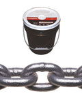 Top Shelf Hot Galvanized Proof Coil Chain, A Quarter Inch Trade Size, 141 Foot Length, Grade 30 Low Carbon Steel Link in round pail.