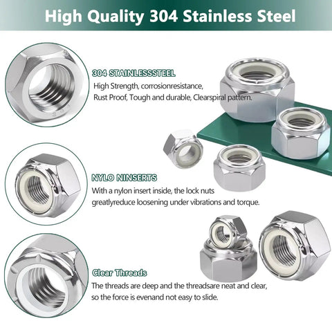 220 Pieces Nylon Insert Lock Nut Set In 304 Stainless Steel with inch thread sizes and close-up of detailed nylon inserts and threads.