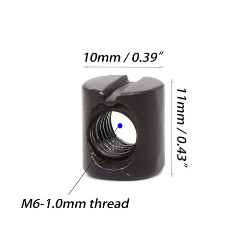 Close-up of black M6 barrel nut with 1.0mm thread and dimensions for Universal Bed And Furniture Hardware Replacement Kit With Black M6 Hex Socket Cap Screws And Barrel Nuts, 100 Piece Set DIY Friendly Quick Swap, 15mm To 75mm Lengths Includes Hex Key, Perfect For Beds, Chairs, Cribs And Tables.