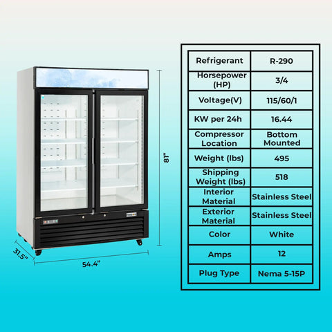 Shop Grade 49 Cubic Foot Double Glass Door Commercial Merchandiser Freezer in clean white with stainless steel interior and exterior.