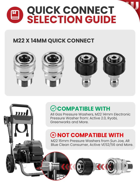 Pressure Washer Quick Connect Kit Universal M22 14mm To 3/8 Inch Fittings with compatibility guide