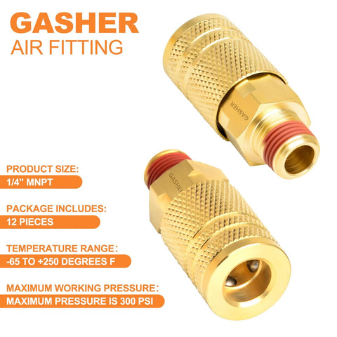 GASHER brass 1/4-inch NPT male quick-connect air couplers, knurled, 2-pack