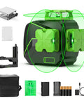 3 X 360 Cross Line Laser Level 3D Self Leveling With Green Beam, accessories, and carrying case shown