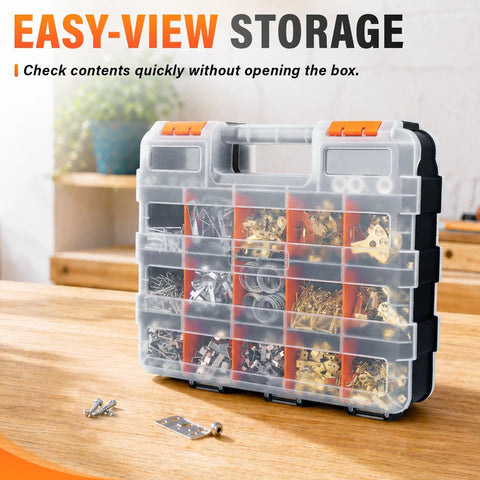 Double Sided 34 Compartment Tool Organizer With Clear Lid Grab And Go Four Pack Adjustable Dividers for storage