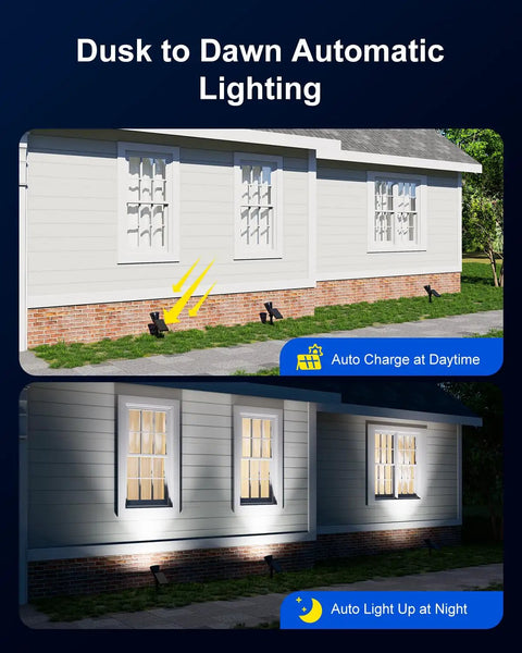 Solar Outdoor Waterproof Spotlight Set illuminating a house wall from dusk to dawn with auto charge and light up features.