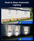 Two Pack Solar Outdoor Spotlights Waterproof for Flags, illuminating house exterior, auto charge by day and light up at night.