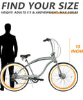Fat Tire Cruiser Bike With 7 Speed Shimano, Iconic Stretch Chopper Frame in greyish orange, alongside silhouette comparison.