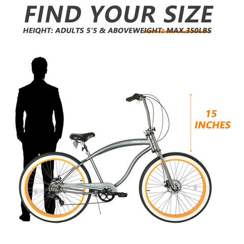 Fat Tire Cruiser Bike With 7 Speed Shimano, Iconic Stretch Chopper Frame in greyish orange, alongside silhouette comparison.