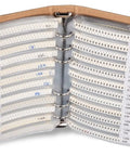 Open view of 1206 SMT Electronic Components Book Kit with 5435 pieces including resistors, capacitors, transistors, and diodes for DIY and pro projects.