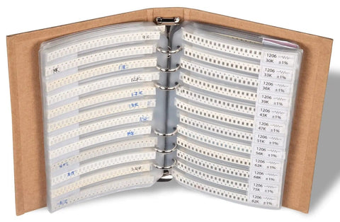 Open view of 1206 SMT Electronic Components Book Kit with 5435 pieces including resistors, capacitors, transistors, and diodes for DIY and pro projects.