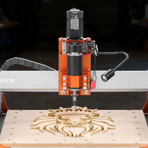 Slick Badass Desktop CNC Router Machine With 500W Spindle And Dual Linear Rails For Precision Wood And Acrylic Carving Projects engraver carving a detailed wooden lion design.