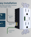 Smooth USB Outlet With LED Night Light, Heavy Duty 15A Electrical Socket showing easy installation wiring details.