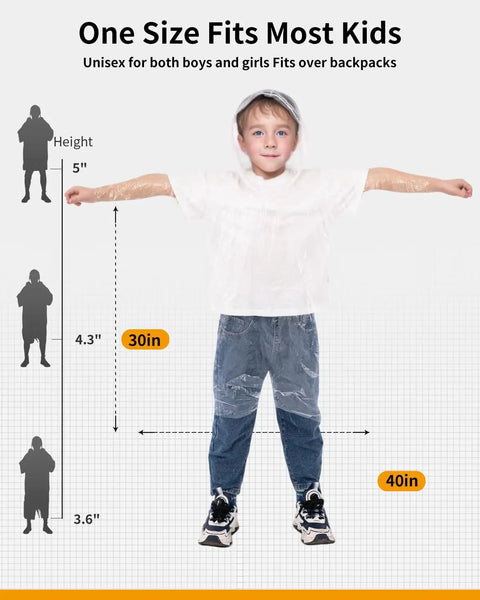 Child wearing Durable Family Rain Ponchos For Kids And Adults With Drawstring Hood Waterproof Lightweight Breathable Clear And Assorted Colors Ideal Emergency Rain Gear For Travel Theme Parks And Outdoor Adventures