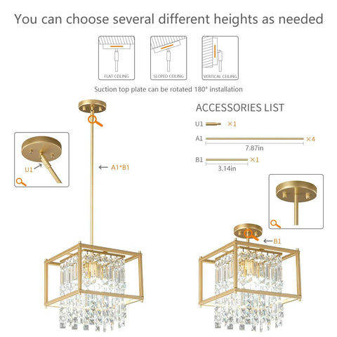 Modern Foyer Chandelier With Black Crystal And Square Metal Frame, Adjustable Height Entryway Light Fixture diagrams and parts list