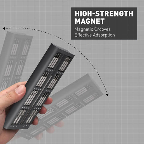 Hand holding 63 In 1 Pro Grade Magnetic Mini Screwdriver Set showcasing high-strength magnet feature.
