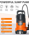1HP Submersible Sump Pump For Clean And Dirty Water, 4500 GPH Electric Portable Water Transfer Pump with specs shown