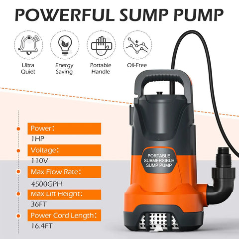 1HP Submersible Sump Pump For Clean And Dirty Water, 4500 GPH Electric Portable Water Transfer Pump with specs shown