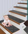Baby sitting on Non Slip Carpet Stair Treads for Indoor Steps 15 Pack 8 by 30 Inch with Reusable Adhesive Safe for Elders Kids and Dogs.