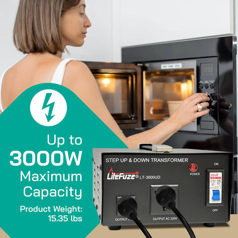 Woman using Beast 3000W Voltage Converter Transformer For 110V To 220V And 220V To 110V Step Up Down Power Converter near microwave