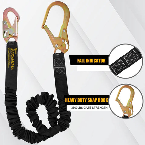 Safety Harness Lanyard Retractable for Fall Protection and Tree Climbing, 6 ft single leg with internal shock absorber and heavy duty hook