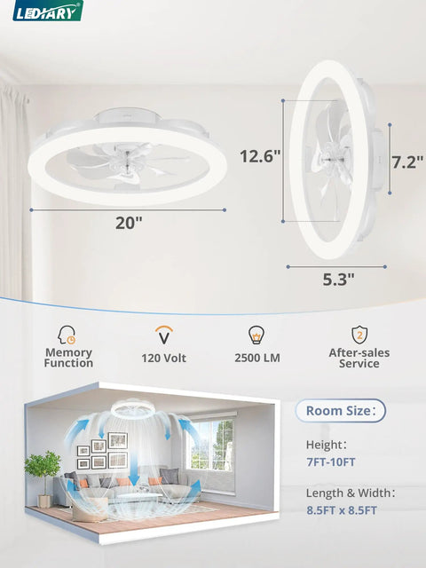 Diagram of 20 Inch Low Profile Breezy Ceiling Fan With Lights And Remote Dimmable LED Light 3000K To 6000K in a room setting