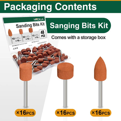 48Pcs Aluminum Oxide Mounted Grinding Stone Bits Set with one eighth inch shanks includes bullet cylinder flat head shapes