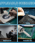 Portable 110V 50Hz 100W Desoldering Gun With Vacuum Pump used for PCB repairs and rework, shown in various workshop scenarios