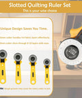 Slotted quilting ruler set of rotary cutters with sizes and handle details, featuring a 45mm cutter for effective fabric cutting.