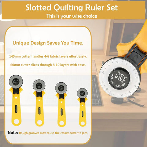 Slotted quilting ruler set of rotary cutters with sizes and handle details, featuring a 45mm cutter for effective fabric cutting.