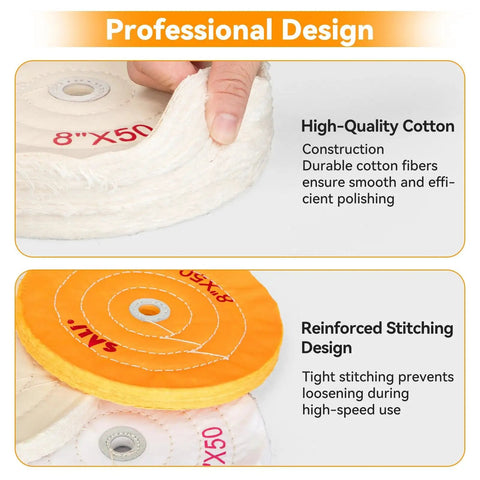 Top Shelf 3 Pack Of 8 Inch Polishing Wheels For Bench Grinders Featuring Heavy Duty 50 Ply Cotton Buffing Pads showcasing high-quality cotton and reinforced stitching.