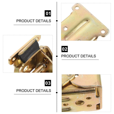 Close-up of four pack foldable self locking metal hinges with spring activated positive lock for table leg extensions and bed frames.