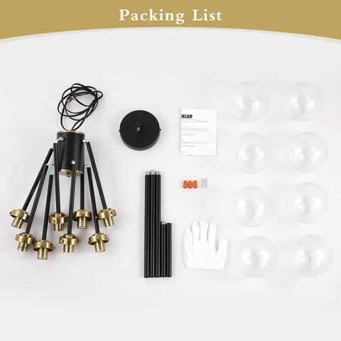 Packing list for 8 Light Sputnik Chandelier Pendant Light With 4.7 Inch Clear Glass Globe Shades For Flat Or Sloped Ceilings