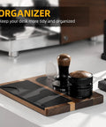 All In One Dope Espresso Tamping Station With Distributor And Tamper Holder Including Tamping Mat And Milk Pitcher Mat Fits 51mm 53mm 54mm 58mm Portafilters Wooden Gold Finish Coffee Accessories Easy Access Stand on kitchen counter