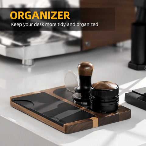 All In One Dope Espresso Tamping Station With Distributor And Tamper Holder Including Tamping Mat And Milk Pitcher Mat Fits 51mm 53mm 54mm 58mm Portafilters Wooden Gold Finish Coffee Accessories Easy Access Stand on kitchen counter