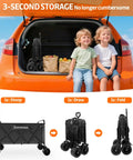 Beefy 300L Collapsible Wagon Cart With All Terrain Beach Wheels Foldable Shopping Utility Cart Heavy Duty 480 Lbs Load For Groceries Garden Outdoor Sports And Camping depicted folded with orange car trunk and two children.
