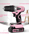 Lightweight 20V Cordless Drill Set For Home DIY And Beginner Projects With Battery Charger 22 Bits Variable Speed Three Eighth Inch Keyless Chuck Pink For Furniture Assembly, side view showing 3/8 in keyless chuck, 16 torque settings, and variable speed trigger.