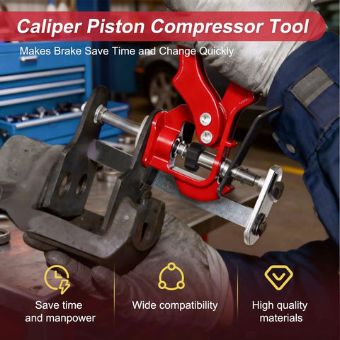 Brake Caliper Compression Tool For 4 Piston Calipers, Quick Pad Replacement, Works On Single Dual And Quad Calipers, Compatible With Most Cars And Light Trucks, Heavy Duty Pad Spreader In Red being used in a workshop.
