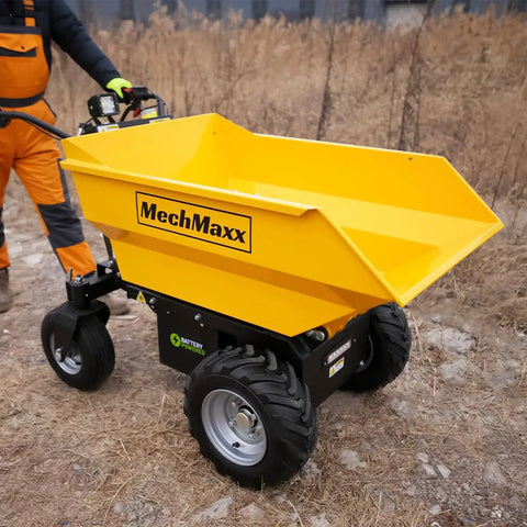Electric Mini Dumper 1100Lbs Capacity Wheel Barrow With 48V Brushless Motor, yellow dump cart on uneven ground.