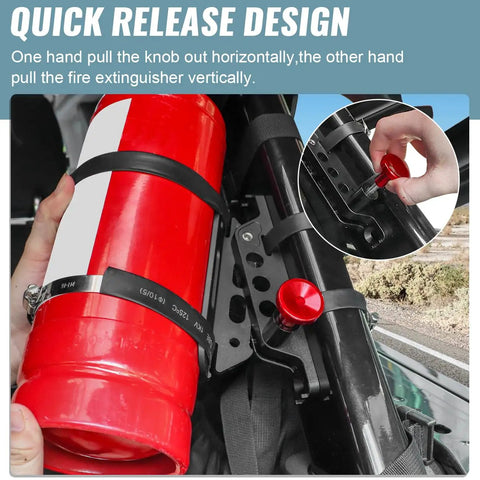 Aluminum Quick Release Roll Bar Fire Extinguisher Mount Holder For Ford Bronco Jeep Wrangler Gladiator UTV Polaris RZR Ranger Can Am ATV With Anti Slip Rubber Clamps And Durable 6061 T6 Billet Construction, installed with hand using quick release knob