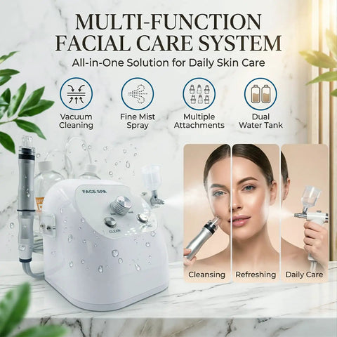 Hydro Facial Machine For Home And Spa Use With Hydrogen Oxygen Therapy Facial Vacuum Water Oxygen Spray on a countertop with attachments