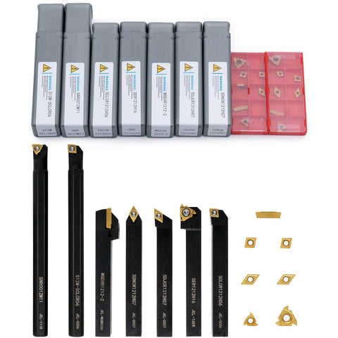 21-piece indexable lathe turning tool set with 7 holders, 14 carbide inserts and 1/2 in (12 mm) shanks (front view)