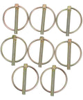 Heavy Duty Lynch Pin Kit With Rings Eight Piece Assortment For Trailers, Trucks And Mowers Galvanized Steel Safety Pins For Secure Attachment And Quick, Reliable Locking In Tough Jobs. Eight galvanized lynch pins with rings, shown front view.