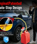 Installed fuel transfer pump with red canister and 51-inch yellow hose fueling car; auto-stop sensor visible.
